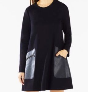 BCBG MAXAZRIA A LINE SWING BLACK DRESS LEATHER POCKETS SIZE S